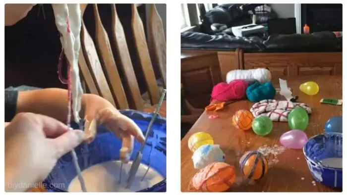 Scraping the excess paper mache off the yarn, then wrapping partially inflated balloons with the yarn.