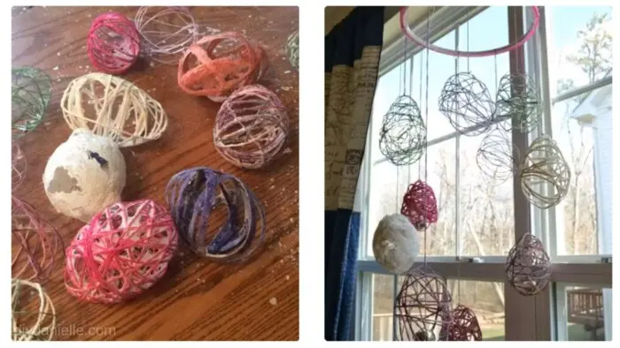 Left: Letting the paper mache yarn eggs dry. Right: Faux Easter Eggs hanging from an embroidery hoop.