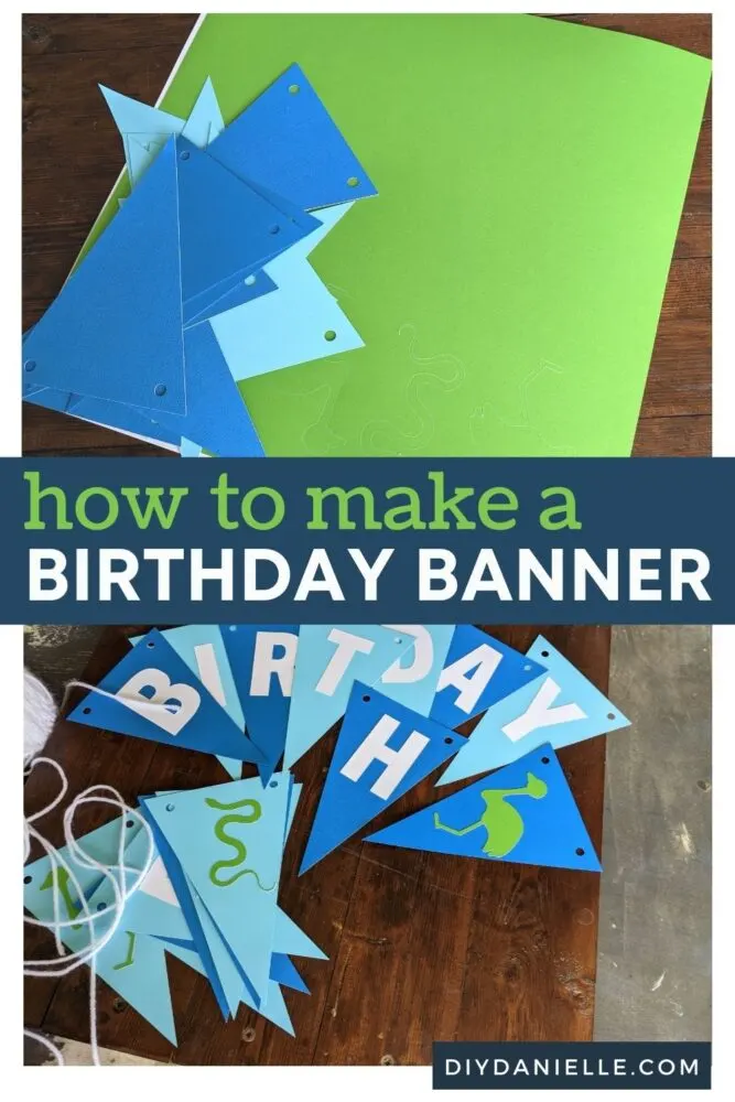 How to make a birthday banner: Top photo of triangles and Smart Sticker Cardstock, ready to be assembled. Bottom photo: Happy birthday on triangular banner pieces, as well as a few animal silhouettes.