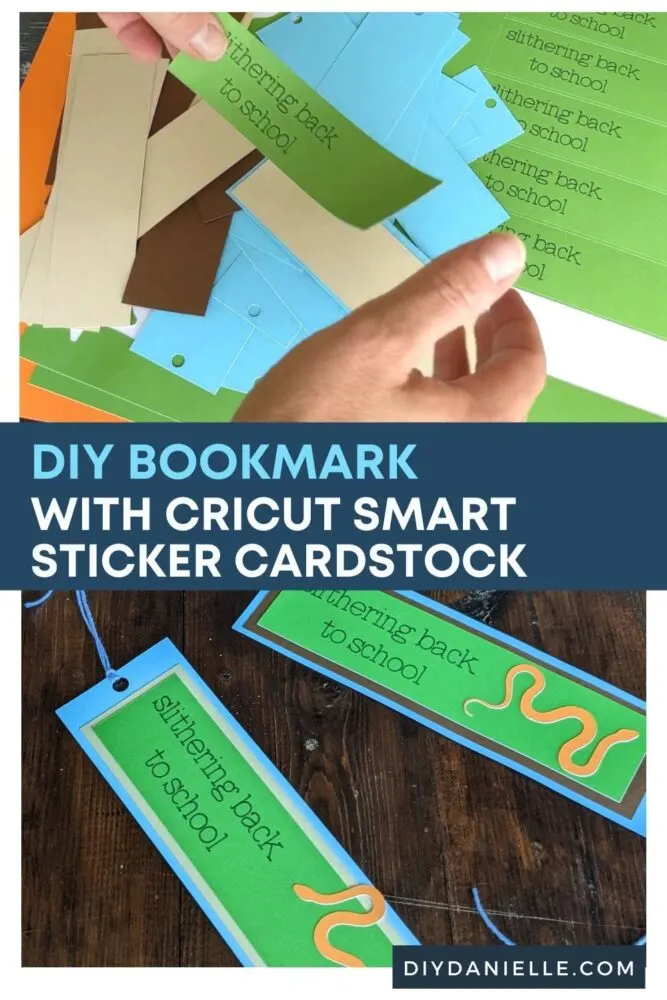 DIY Bookmark with Cricut Smart Sticker Cardstock: Top photo sticking on a green rectangular piece to the cardstock I used for the bookmark. Bottom photo: Finished bookmarks that have an orange snake on them and say "Slithering back to school."