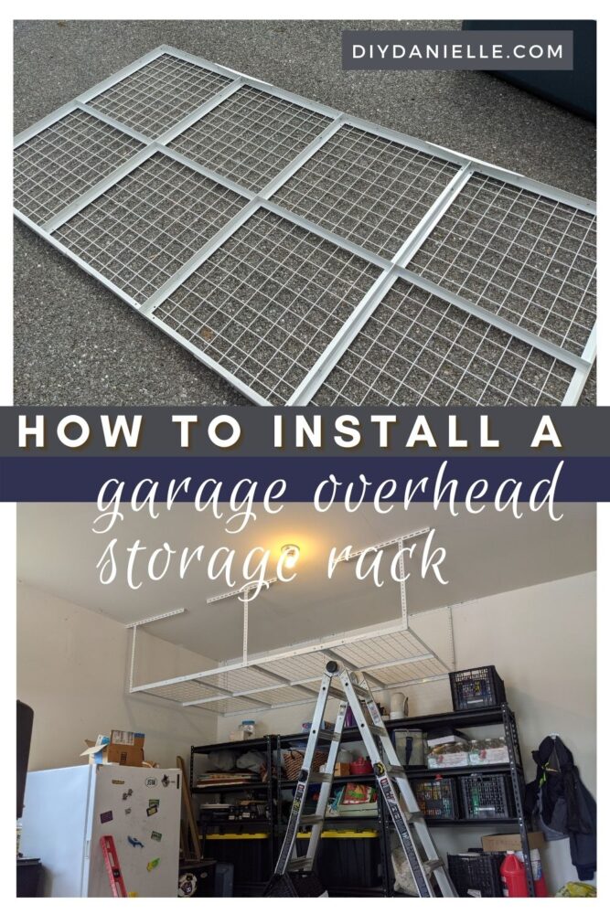 How to install a garage overhead storage rack. Photo of setting up the base of the rack, then photo of the installed rack.