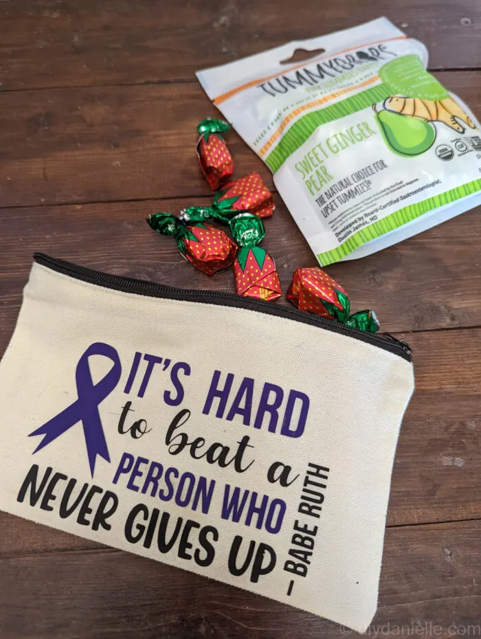 Small bag of candy with "It's hard to beat a person who never gives up" quote for someone going through chemotherapy.