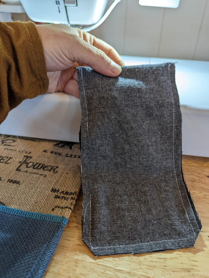 Fabric sewn right sides together. On the middle right, you can see the gap I left to turn it right sides out.