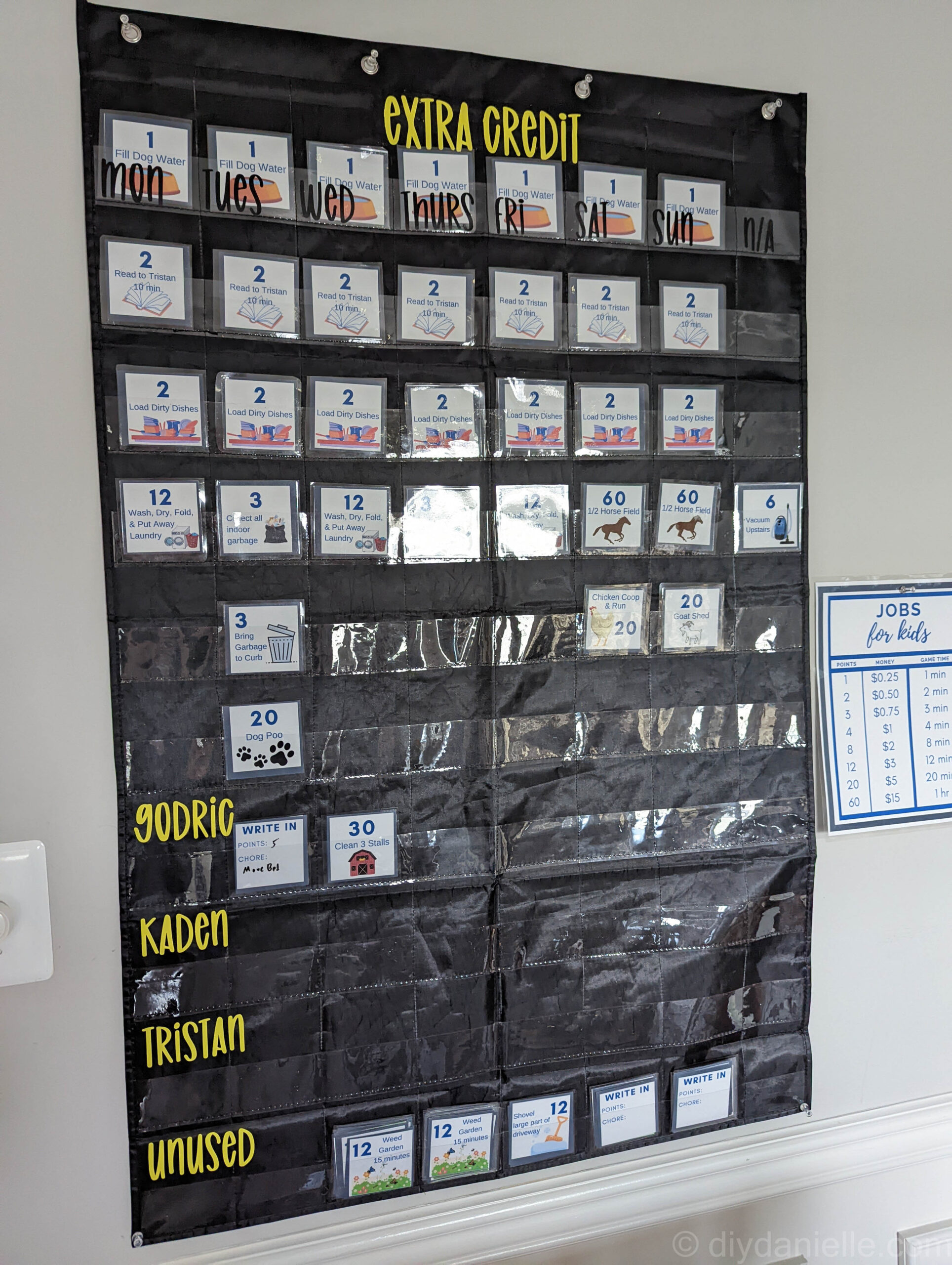 DIY Chore chart made from a pocket chart with small "tickets" for each chore and a point system that rewards video game time or money for each chore.