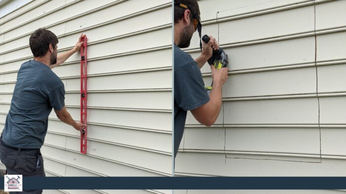 Left Photo: Drawing a line between the top and bottom holes.
Right Photo: Cutting along the line to cut off the vinyl siding.