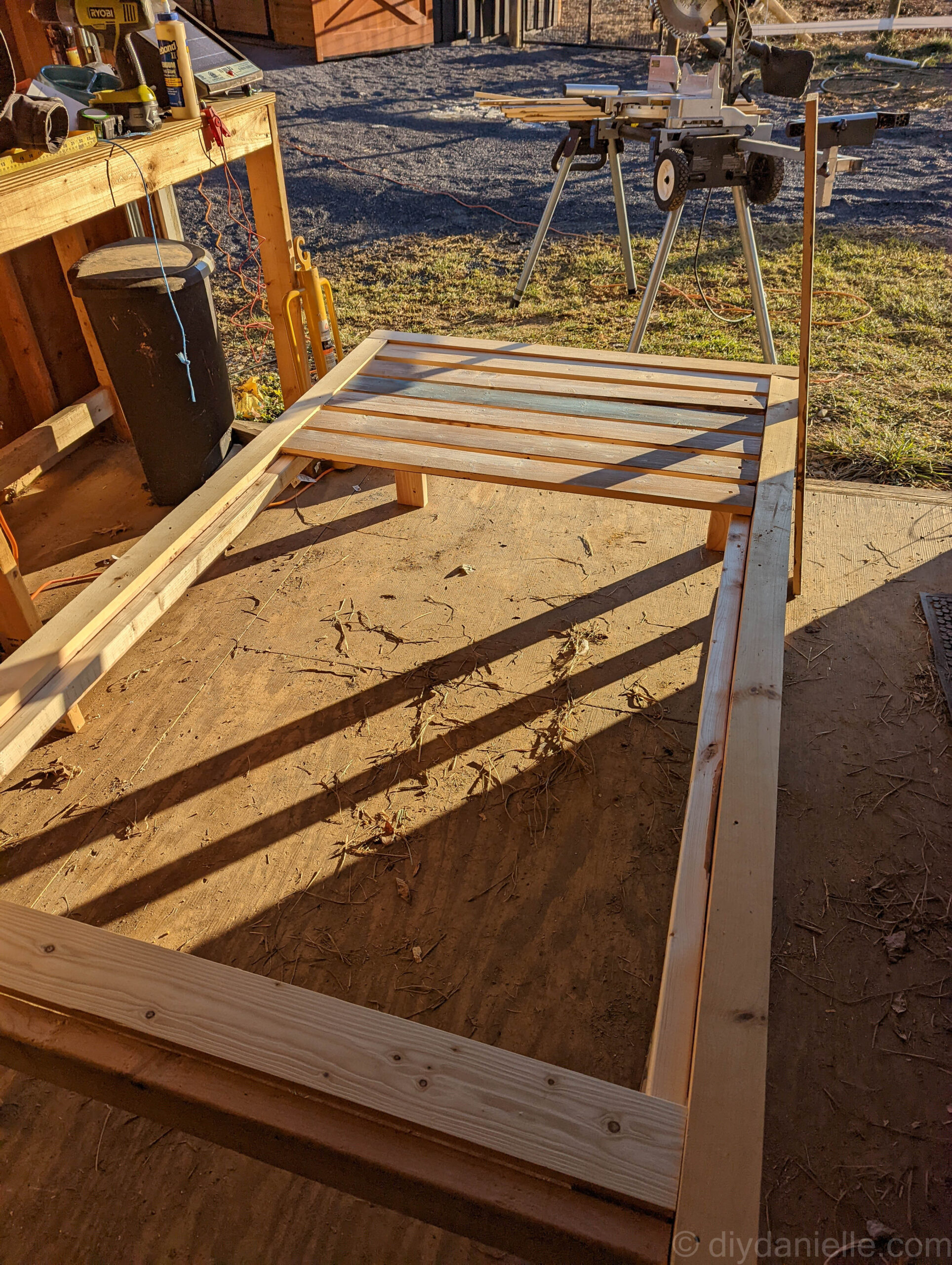 Beginning to attach slats for the bed.