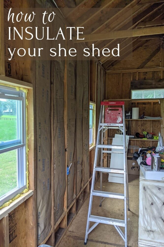 How to insulate your she shed: photo of a shed with DIY insulation partially finished.