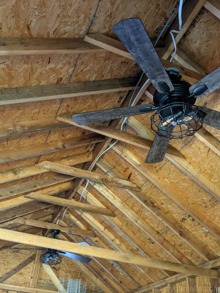 Installed ceiling fan (industrial / farmhouse ceiling fan with Edison bulb) in she shed.