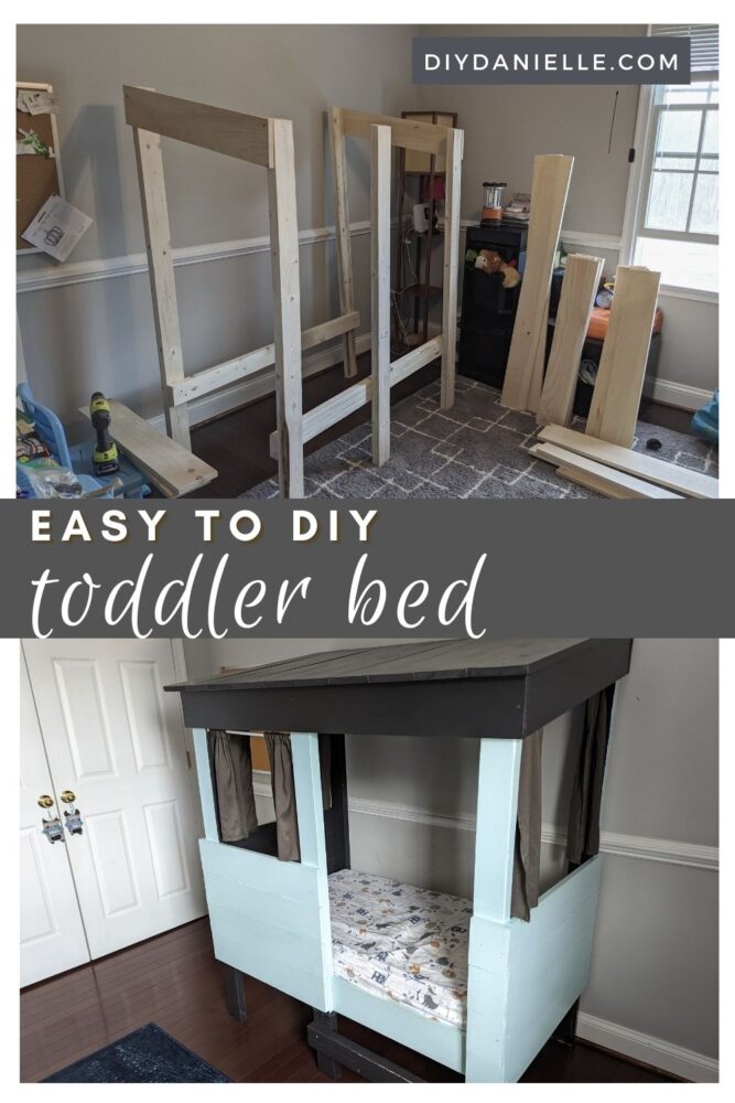 Easy to DIY toddler bed: Top photo of build process and bottom photo of the finished bed.