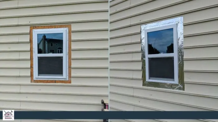 We cut a border around the window where the vinyl siding was removed (but not the wood underneath). This is where our exterior window casing will go. 

Right picture: We applied aluminum flashing tape around the window to help water/weatherproof.