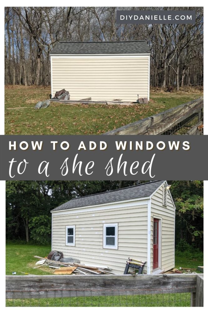 How to add windows to a she shed. 
Top photo: Shed with no windows.

Bottom Photo: Shed with two windows on the front.