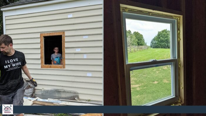 Left photo: My son standing in a partially finished window.

Right photo: Interior of the shed where the window has been installed. We have sprayed foam insulation in all of the gaps around the window.
