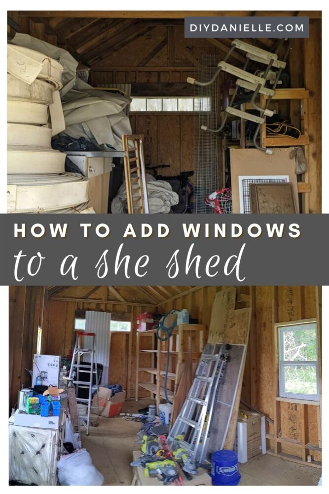 How to add windows to a she shed. 

Top photo: Shed interior with no windows.

Bottom Photo: Shed interior with four windows.