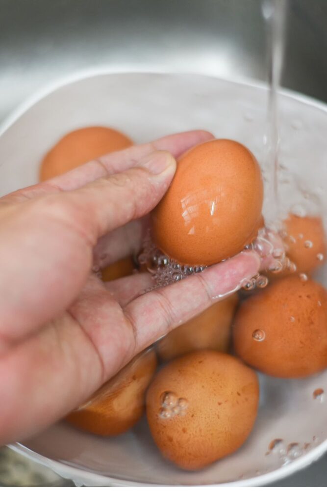 Rinsing chicken eggs with water.