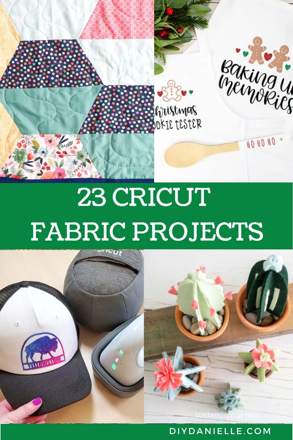 collage of 4 cricut fabric projects with text