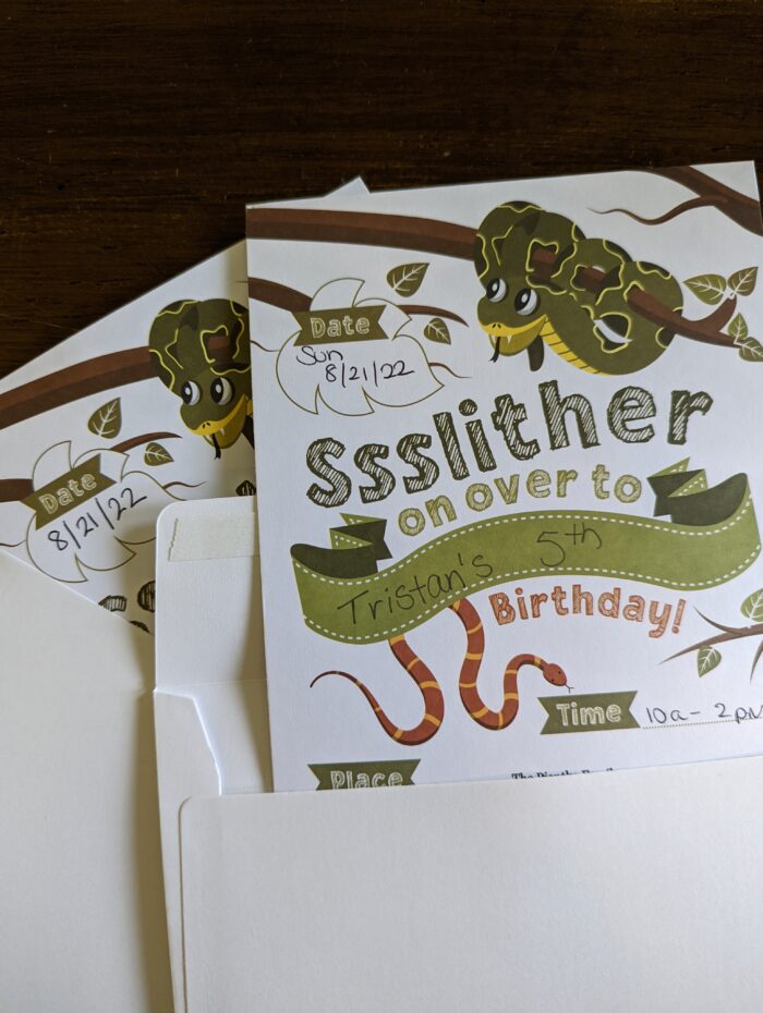 Reptile and snake themed birthday party invitations.