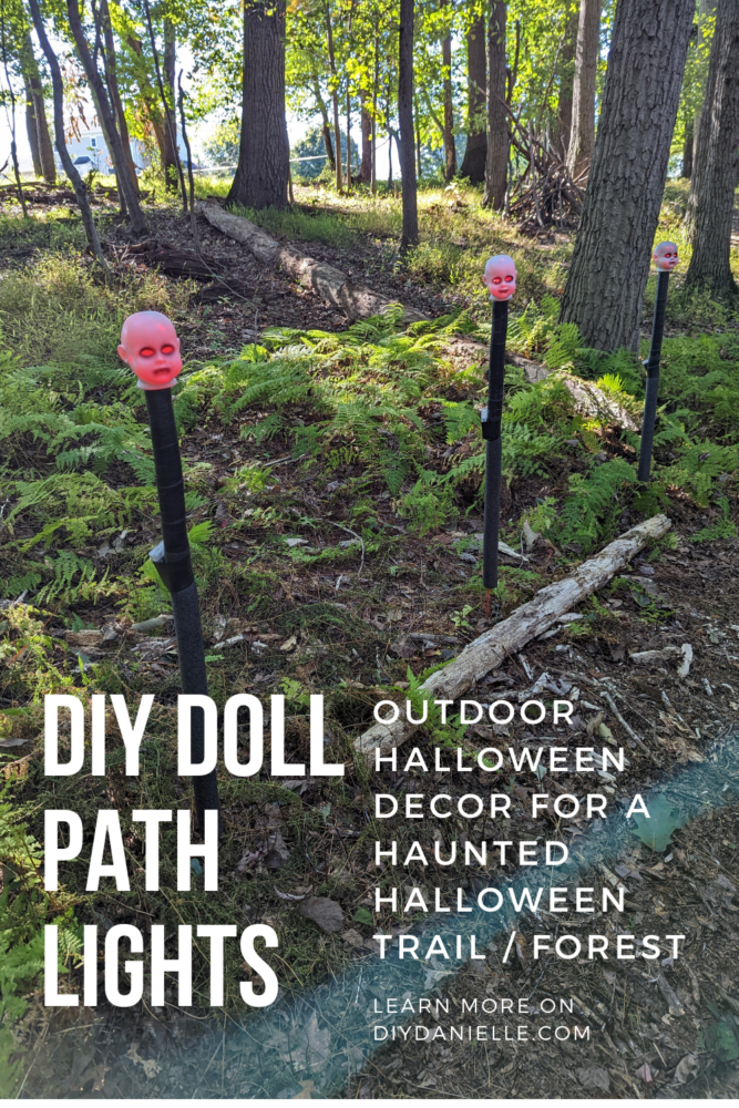 How to make some easy pathway lights using creepy doll faces! Doll heads x 3 with red lights shining out of them in the forest.
