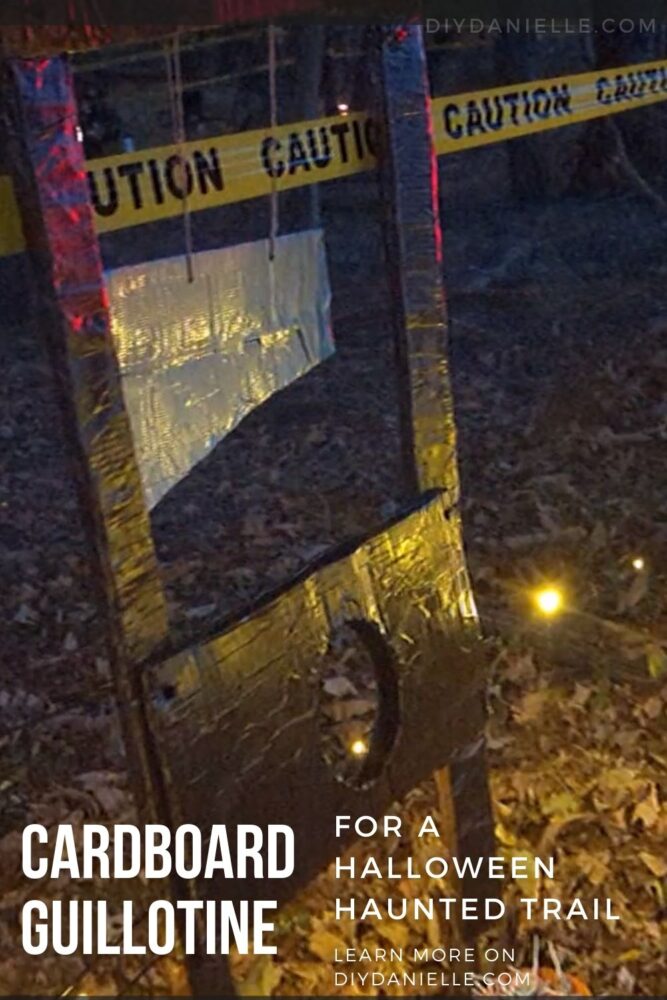 Fake guillotine for an outdoor Halloween decoration.