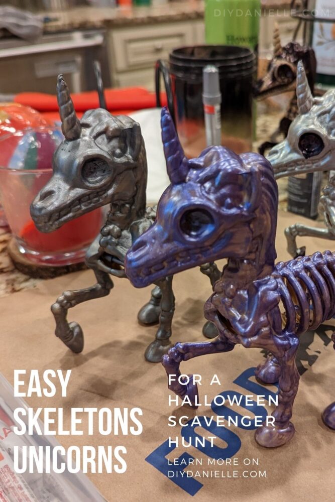Easy skeleton unicorns painted different colors for a Halloween scavenger hunt.
