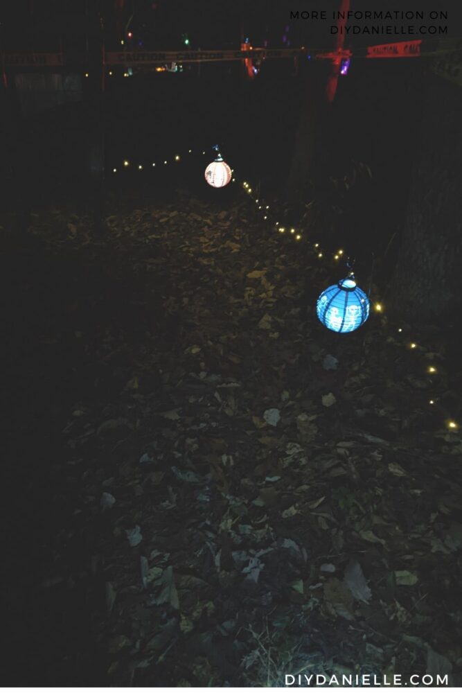 Lighting on Halloween trail- warm white Christmas lights and Halloween lanterns