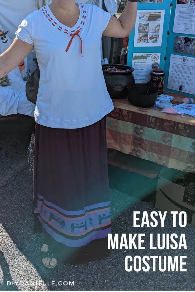Easy to make Luisa costume from a teeshirt and skirt, inspired by Encanto. 