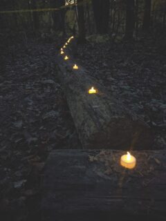 Easy pathway lights made with an old log and tea lights at dusk
