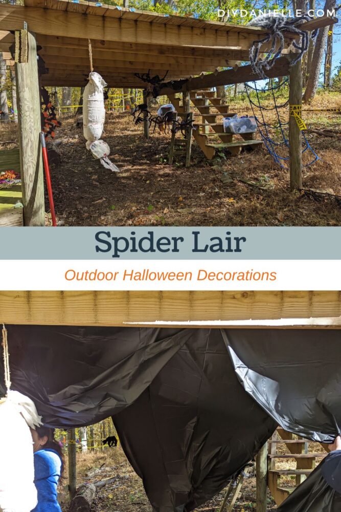 Spider Lair outdoor Halloween decorations. Spiders hanging from above with monofilament, hanging black tablecloths to close off the lair.