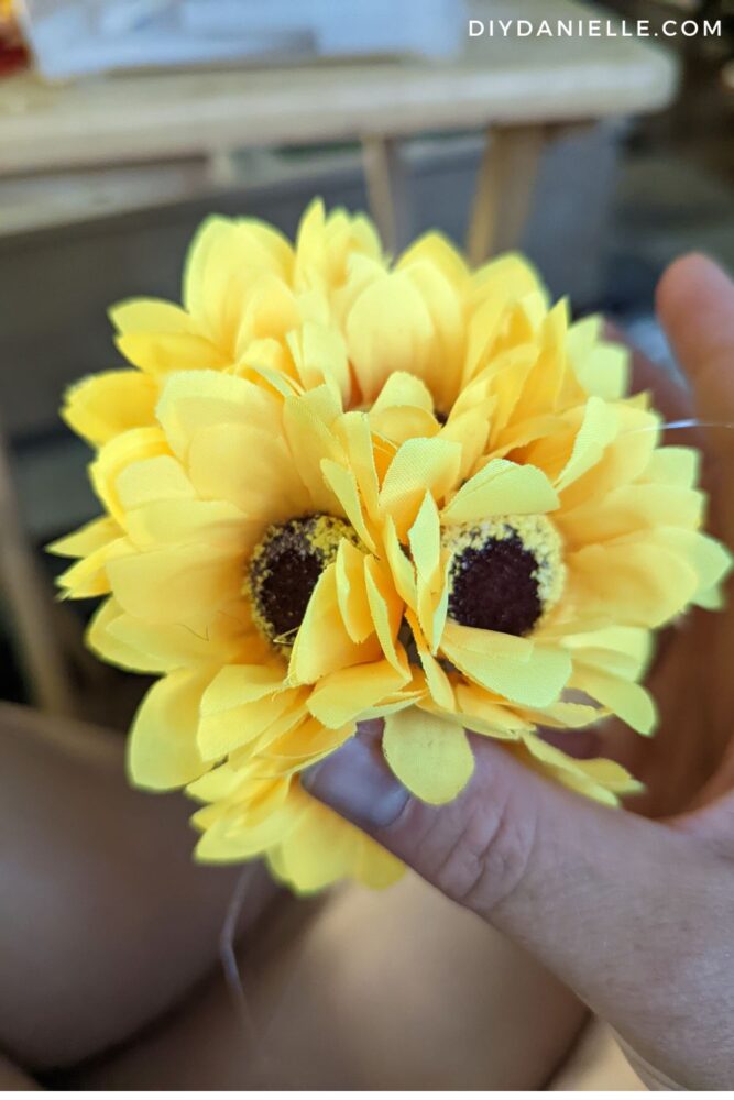 Sunflowers in a foam ball from Dollar Tree.