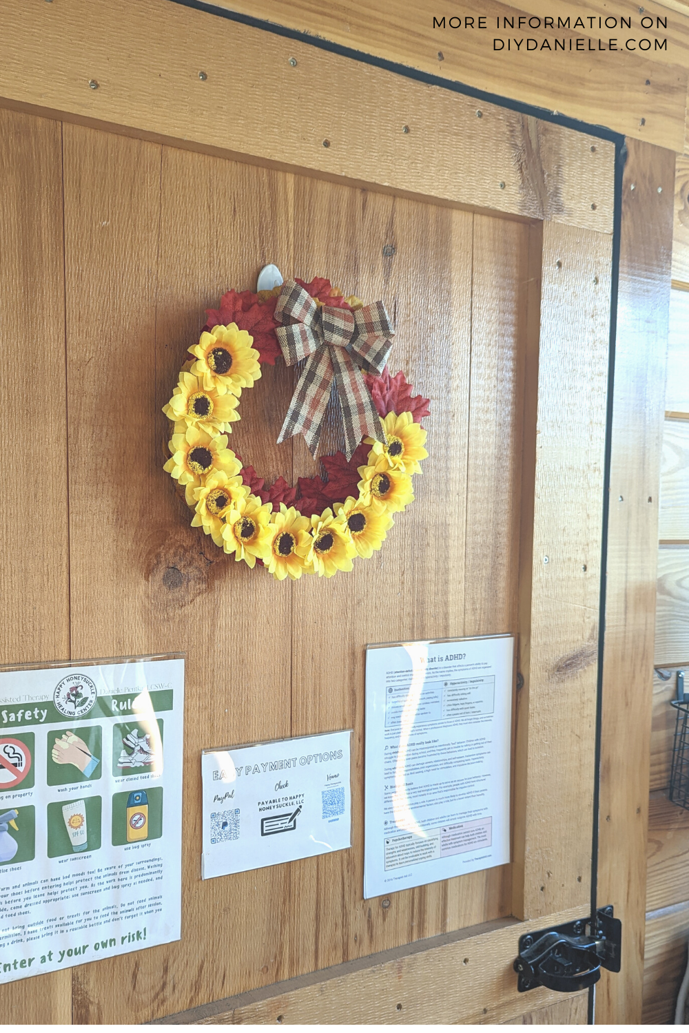 Easy to make Fall wreath for my office door. This uses artificial sunflowers and Fall leaves.