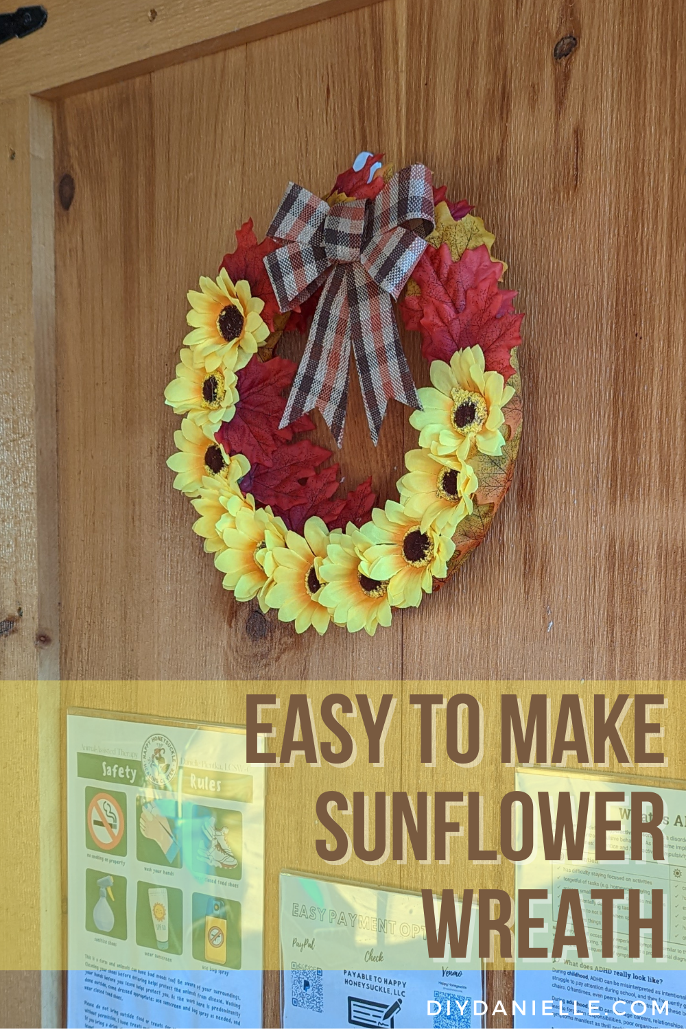 Easy to make sunflower wreath for my office door. This uses artificial sunflowers and Fall leaves.