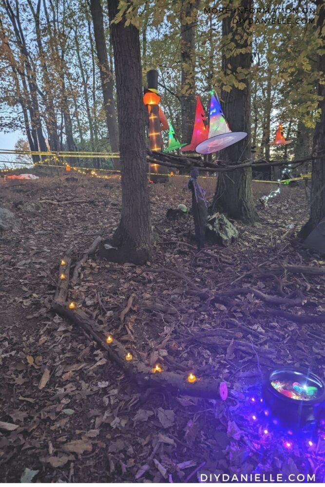 Witches hats hanging from monofilament from the trees