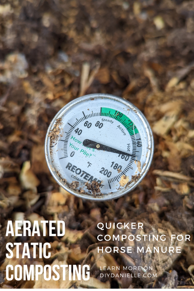 Aerated static composting: quicker composting for horse manure. Photo of a compost thermometer in a pile of horse manure, reading 158 F (Hot). 