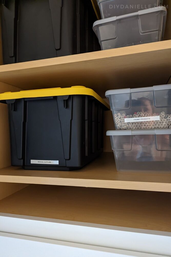Storage inside the cabinet is separated into smaller labeled bins.