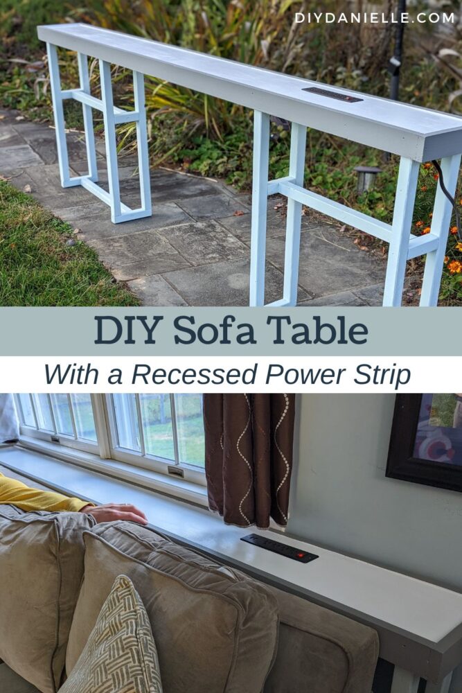 DIY Sofa Table with Charging Station. The table top is white with gray trim, there's a recessed outlet installed, and the legs of this console table are light blue. Includes view of the console table behind our couch.