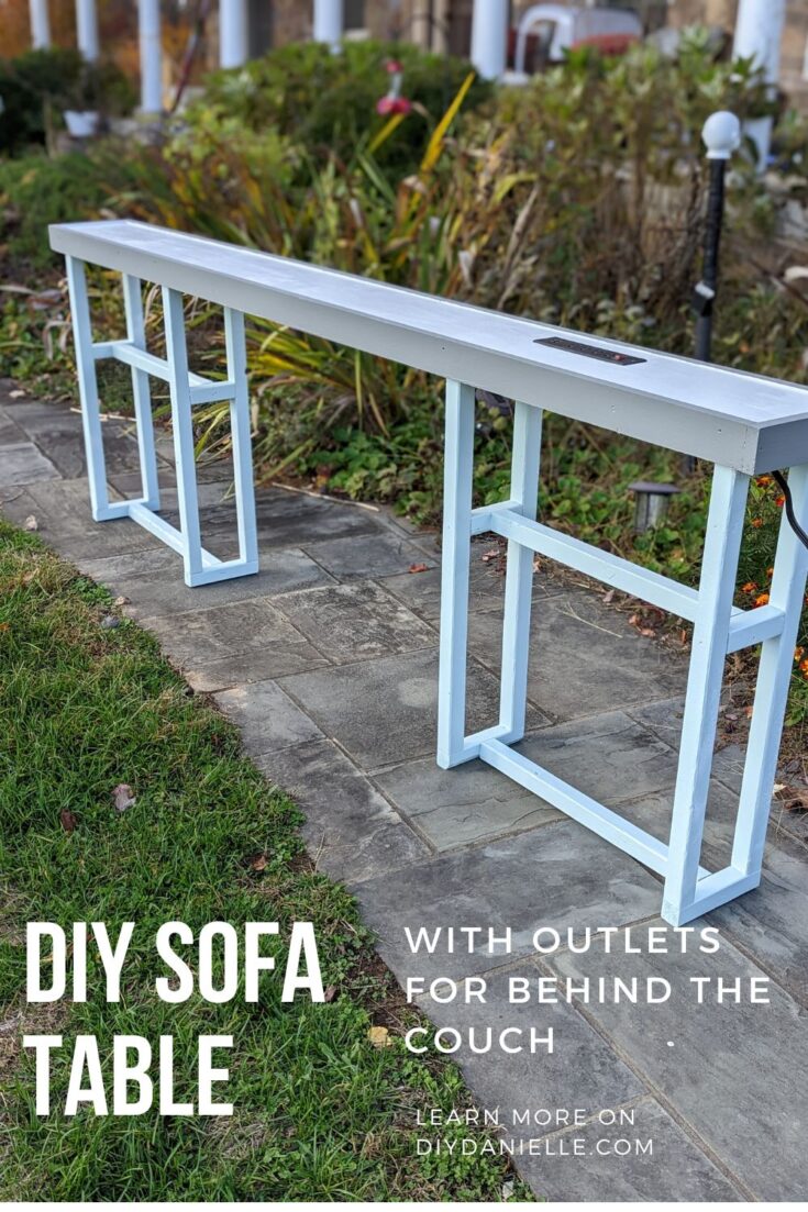 DIY Sofa table with white, gray, and blue paint.