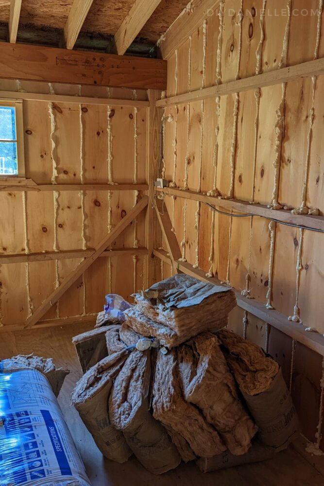 Spray foam insulation was used to fill gaps in the walls of the tack room to prevent bugs from coming in and to keep cold/heat out. I went a little overboard probably.
