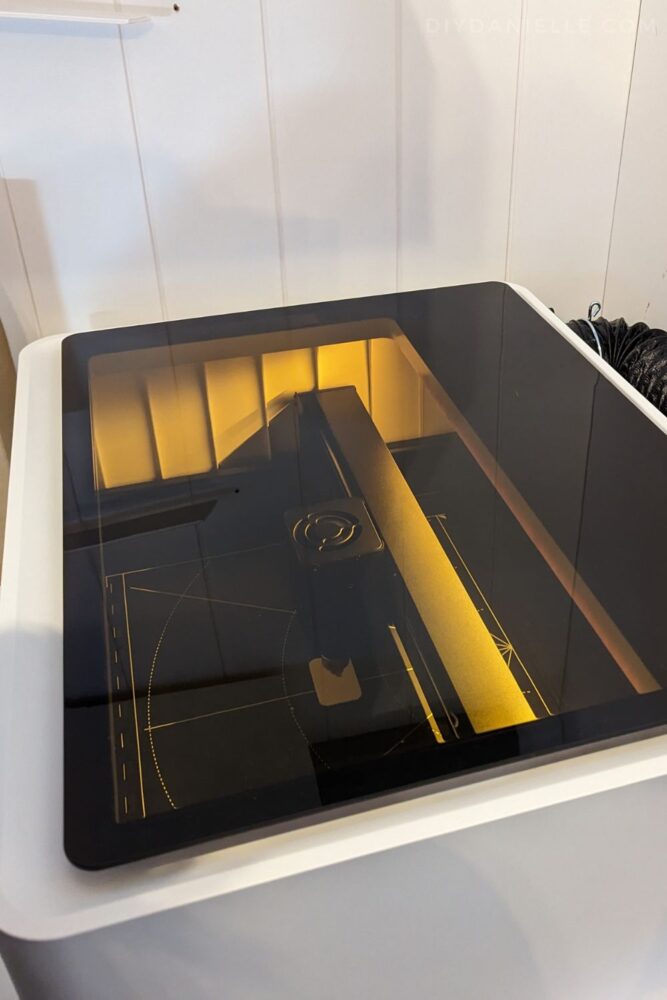 Overhead photo of the interior of the M1 Laser Cutter
