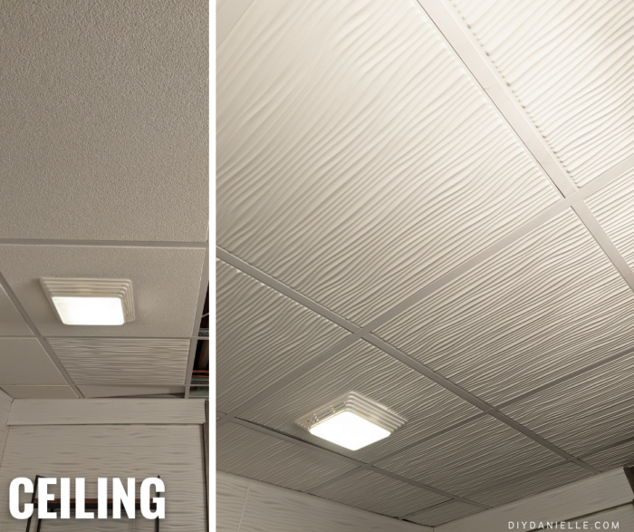 Bathroom Renovation: Replacing the drop ceiling tiles with tiles that are safe for environments with moisture. Before and after photo.