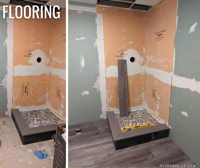 Bathroom Renovation before flooring and after installing laminate flooring.
