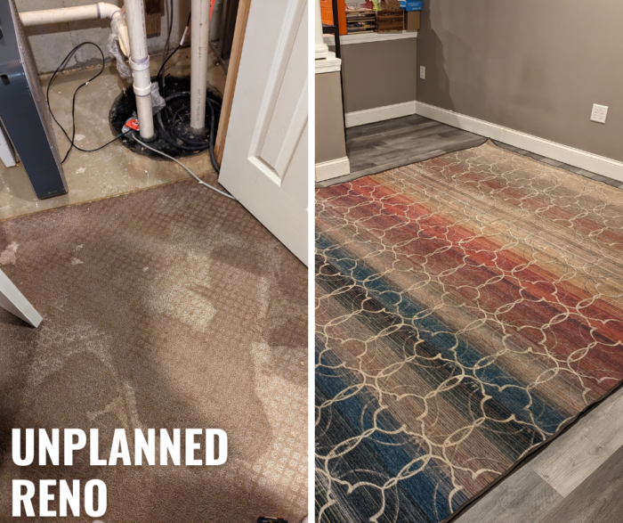 Unplanned carpet removal and installation of laminate floors after the sump pump couldn't deal with septic.