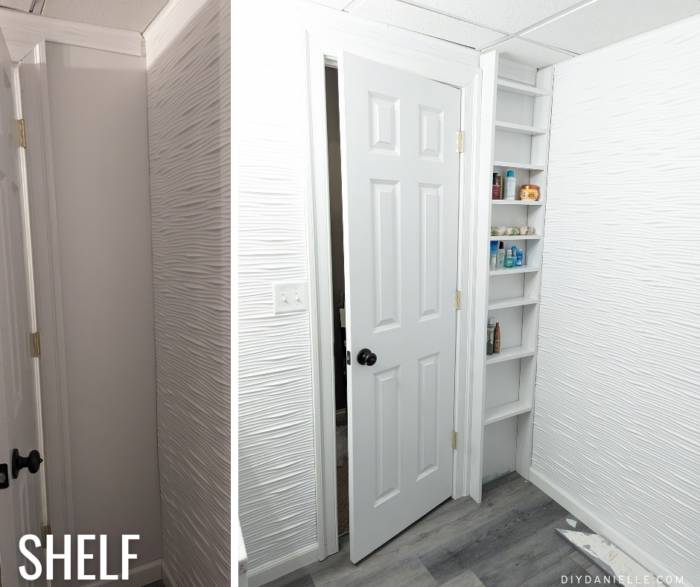 Before and after of the behind the door space: first without the shelf, then after adding the shelf.
