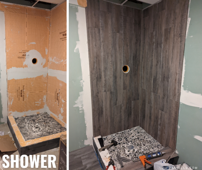 Before and after photos of the shower with the Palisades tiles.