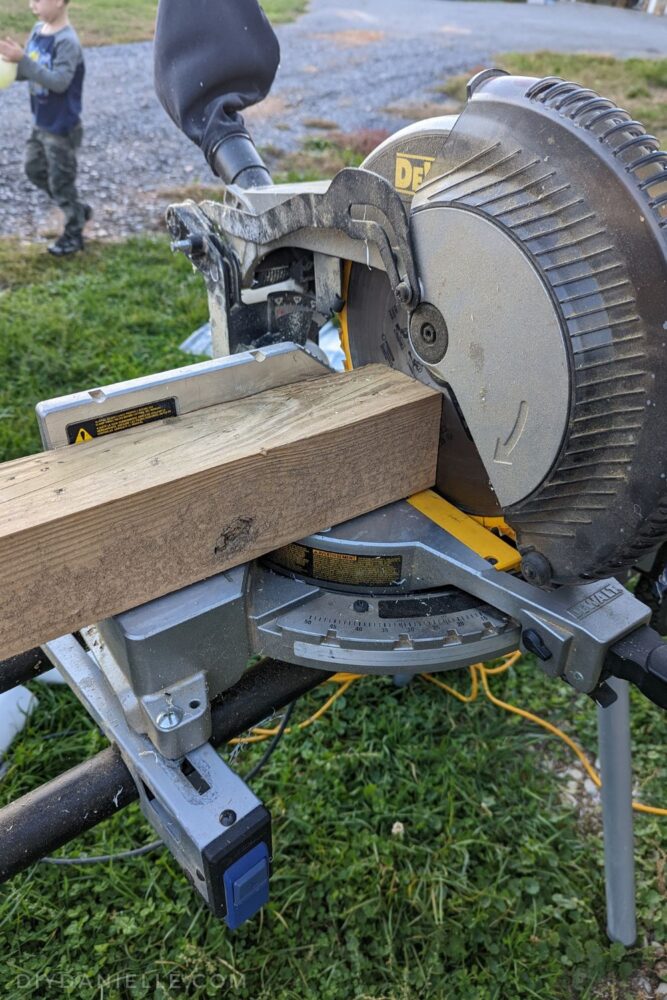 Cutting a 10' 4x4 in half to make posts for two jump standards.