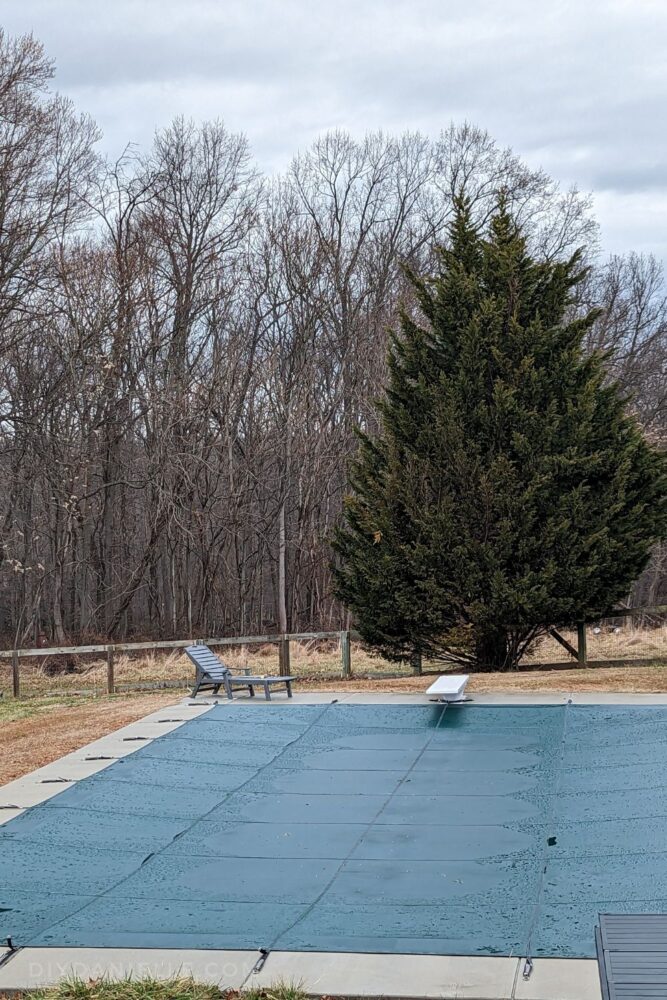 Photo of our concrete/plaster pool closed for the winter with a green mesh cover. The pool company closed it for the first year as installing the brackets to connect the pool cover was part of the pool construction process.