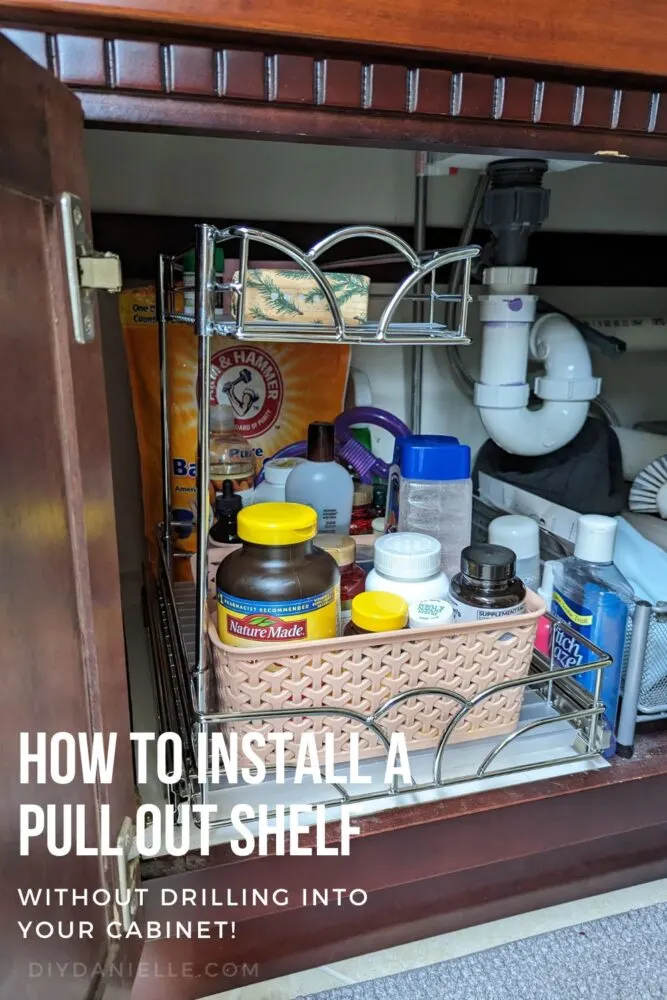 How to install a pull out shelf in a bathroom cabinet without using shims or screwing into the cabinet.