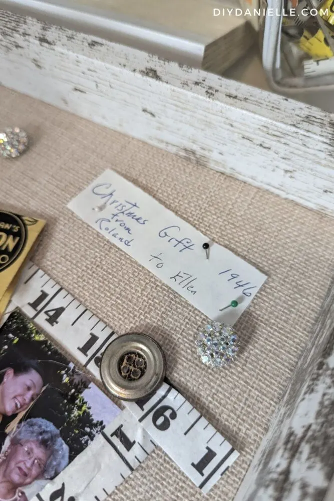 Close up of the tag my Grandma wrote with the sewing kit: Christmas Gift from Roland to Ellen 1946.