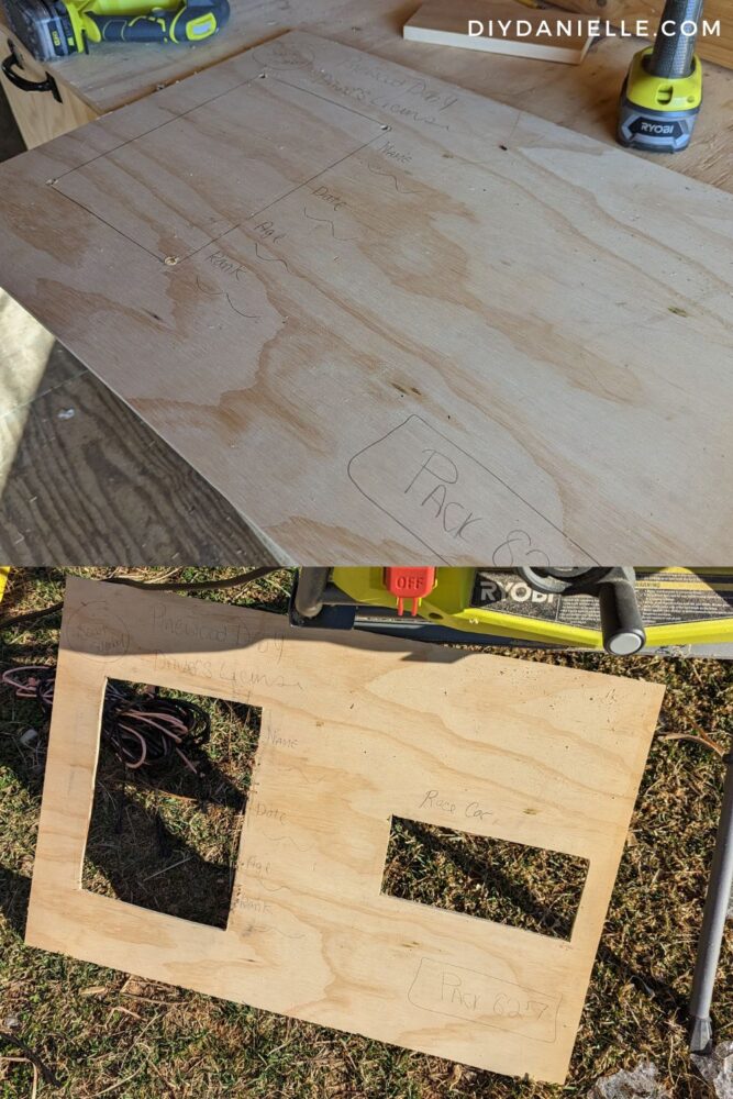 Top Photo: 21.25x30.5" piece of 1/4" plywood.

Bottom Photo: 1/4" plywood with two windows cut out for the Pinewood Derby project.