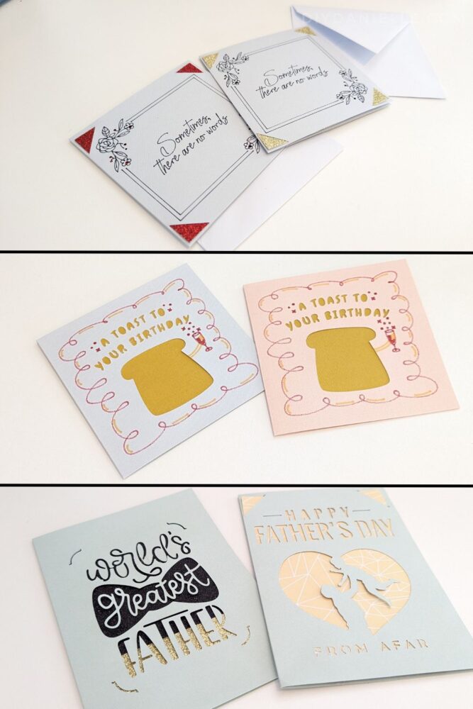 3 sets of cards:

Top 2 are Sympathy Cards that say "Sometimes there are no words." 

Middle 2 are birthday cards that say "A toast to your birthday."

Bottom 2 cards are for Father's Day. One says "Worlds Greatest Father" and the other says "Happy Father's Day from afar"