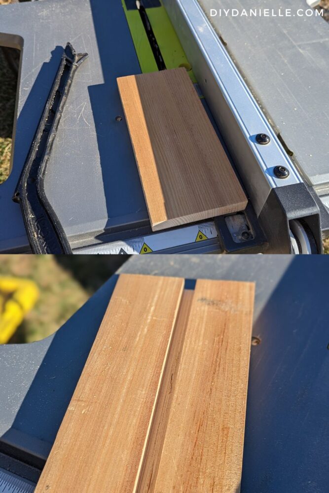 Cutting a wide groove in a piece of pine wood using a table saw.