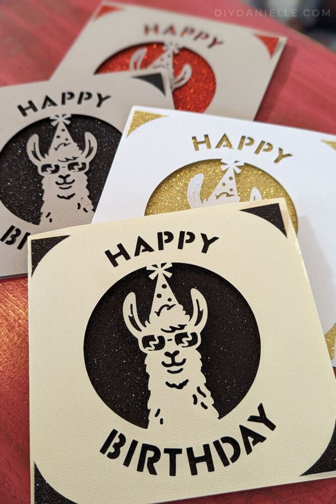 Llama themed Birthday Cards x4 that all look different, but were cut using the 2x2 Cricut card mat.